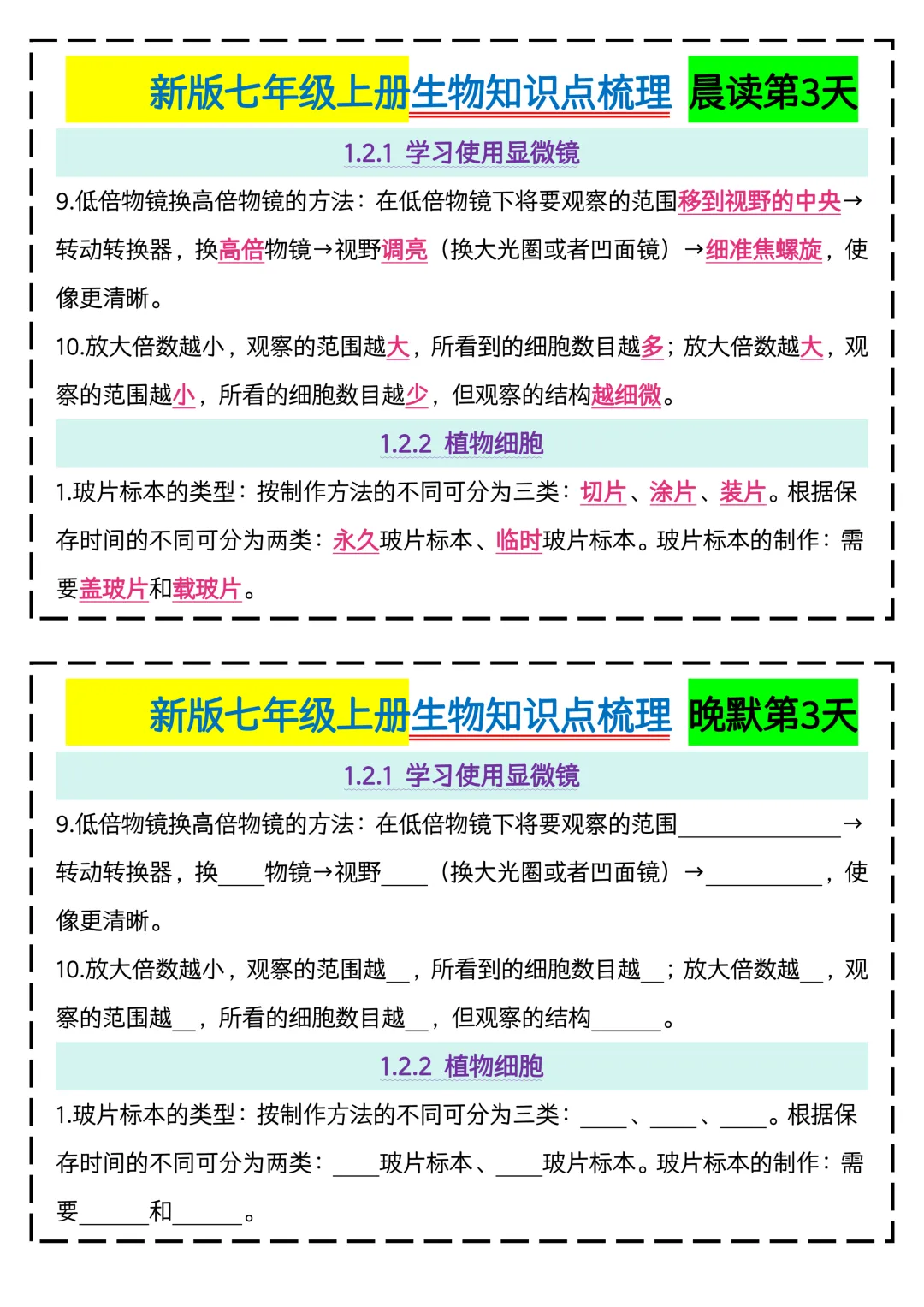 初一2026新版【七上生物】全册核心知识点早背晚默,完整版可打印-第5张图片-四季读书网