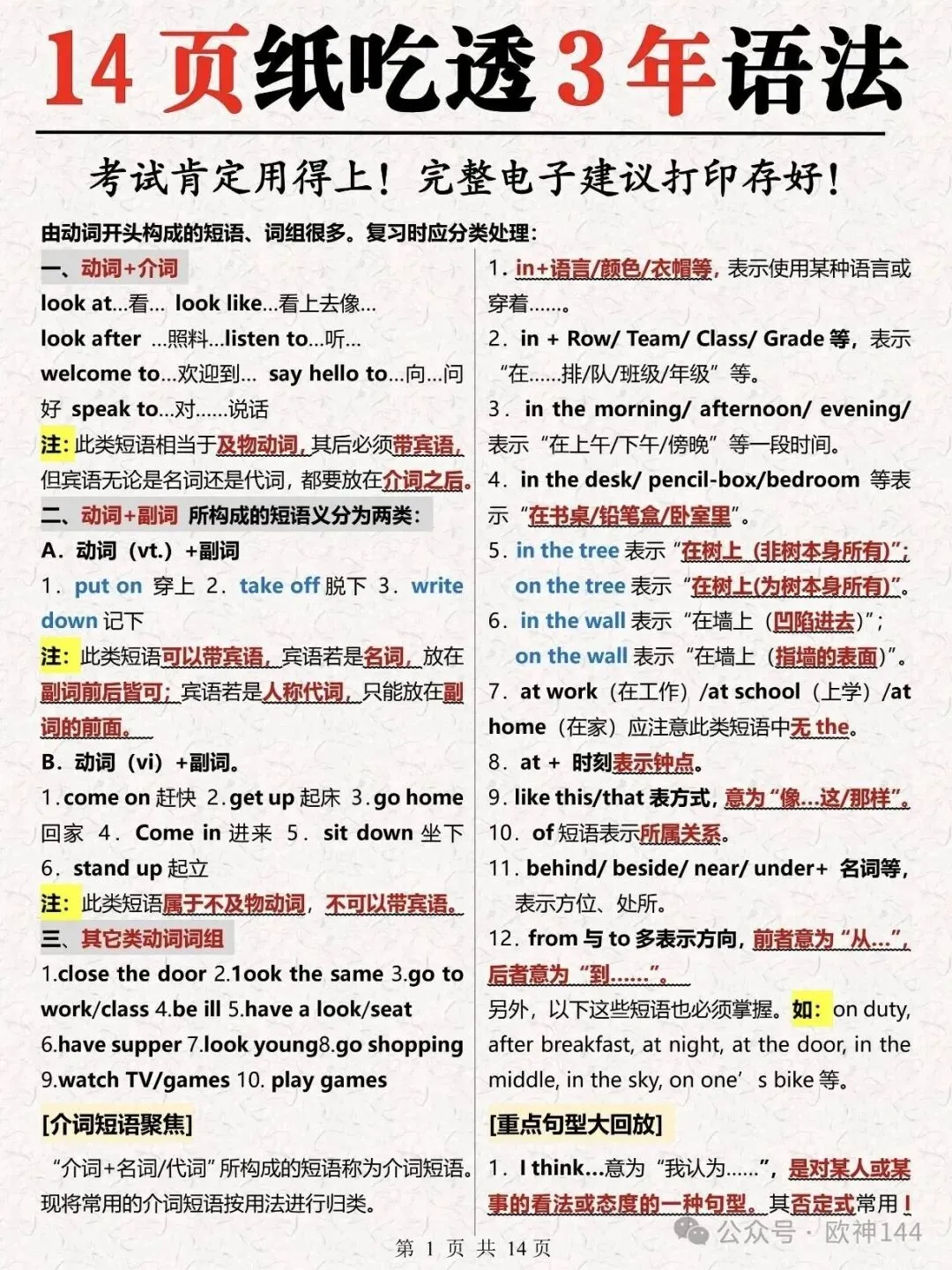 中考英语语法笔记,14页全覆盖-第2张图片-四季读书网