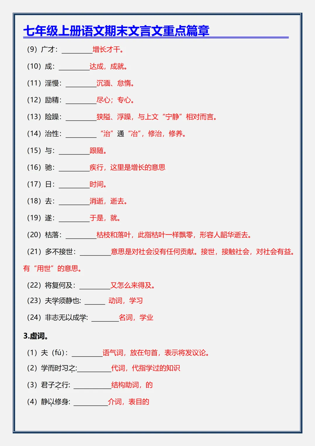 初一2026新版【七上语文】文言文《诫子书》重点知识点总结,完整版可打印-第5张图片-四季读书网