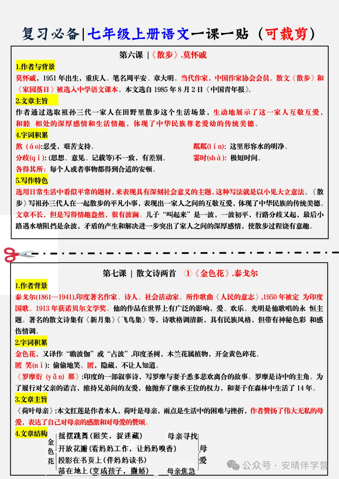 初一 | 新教材七年级上册语文全册知识点总结一课一练,2026完整版可打印-第5张图片-四季读书网