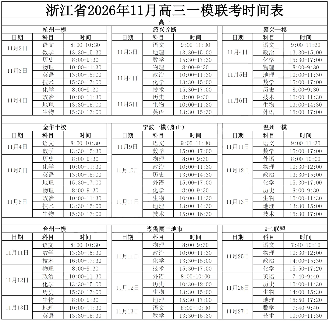 浙江高三一模、高一高二期中考时间表-第4张图片-四季读书网 浙江高三一模、高一高二期中考时间表-第4张图片-四季读书网