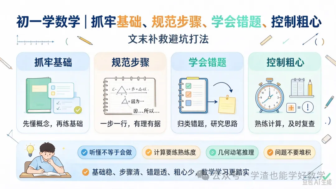 初一学数学|抓牢基础、规范步骤、学会错题、控制粗心 文末补救避坑打法-第1张图片-四季读书网