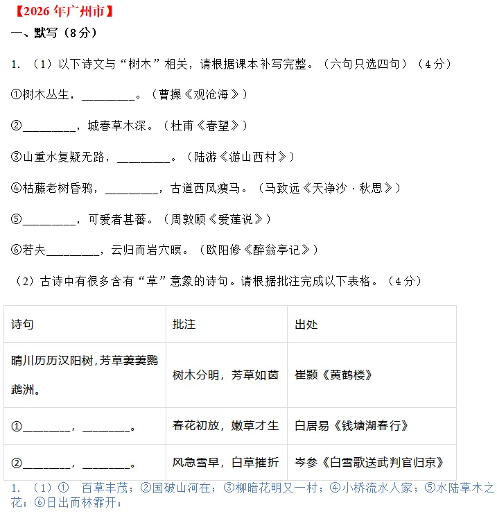 中考说 |2026年全国各地市中考语文专题三:古诗文默写(含答案)-第8张图片-四季读书网