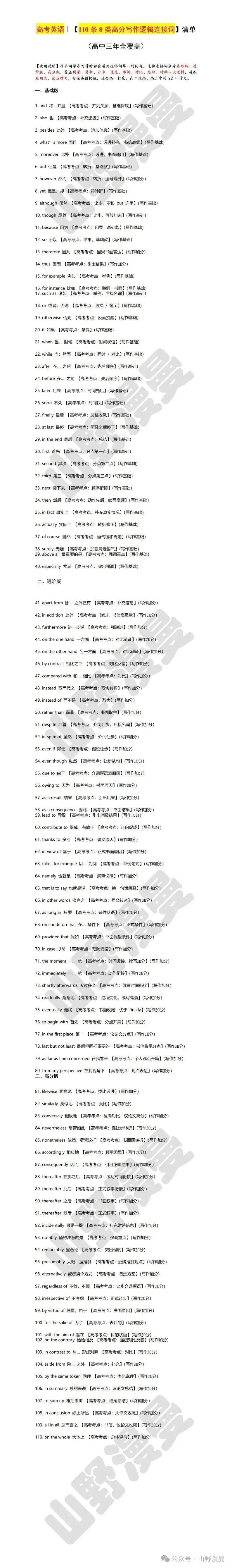 高考英语【110条8类高分写作逻辑词】(适用应用文/读后续写|可打印)-第1张图片-四季读书网