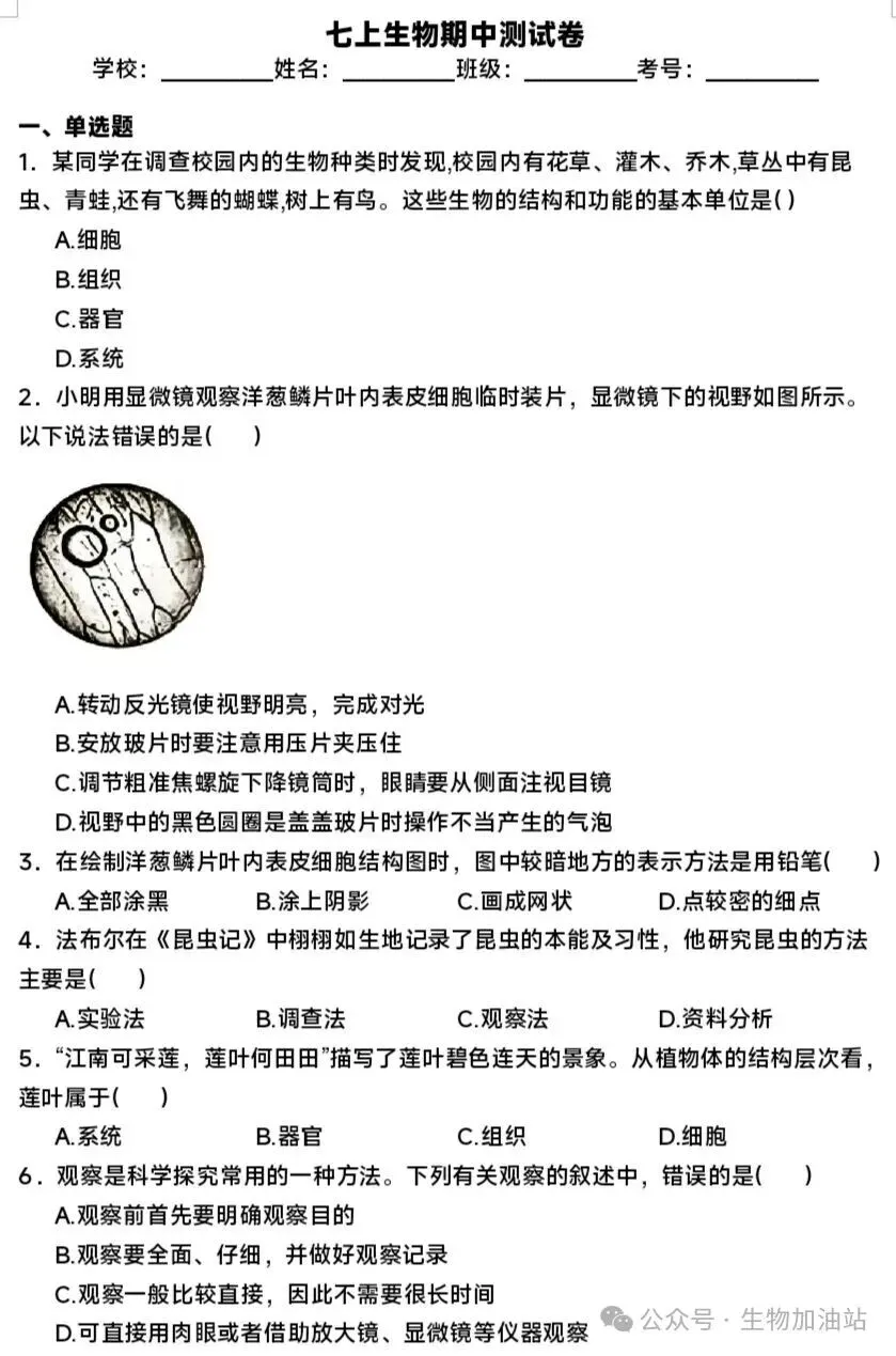 期中试卷:人教版七上生物期中测试卷及答案详解-第2张图片-四季读书网