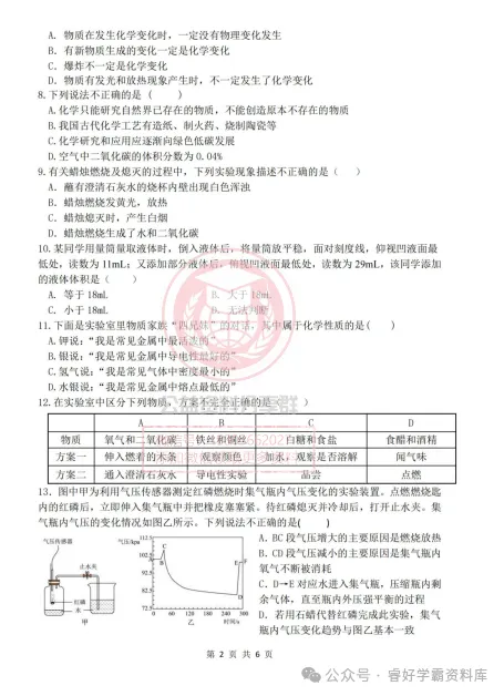【初三/八上】2026年哈69中八上十月月考化学试卷及答案1010-第4张图片-四季读书网