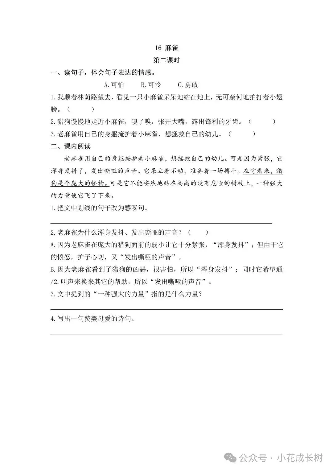 小学语文人教版部编 语文4上试题试卷|16 麻雀,6页全套电子版持续更新_v1-第2张图片-四季读书网