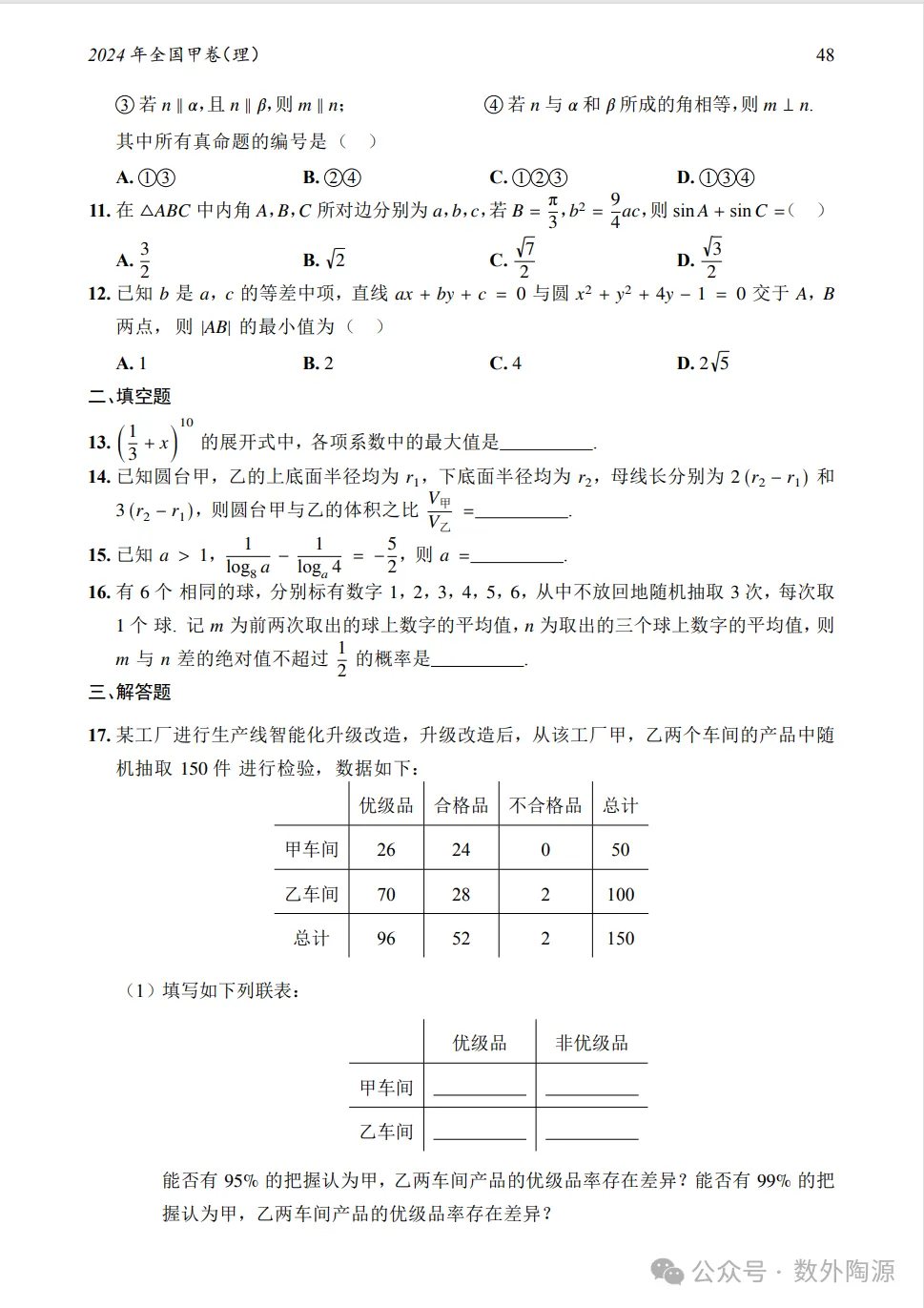 2024年全国甲卷理科数学真题及答案-第2张图片-四季读书网