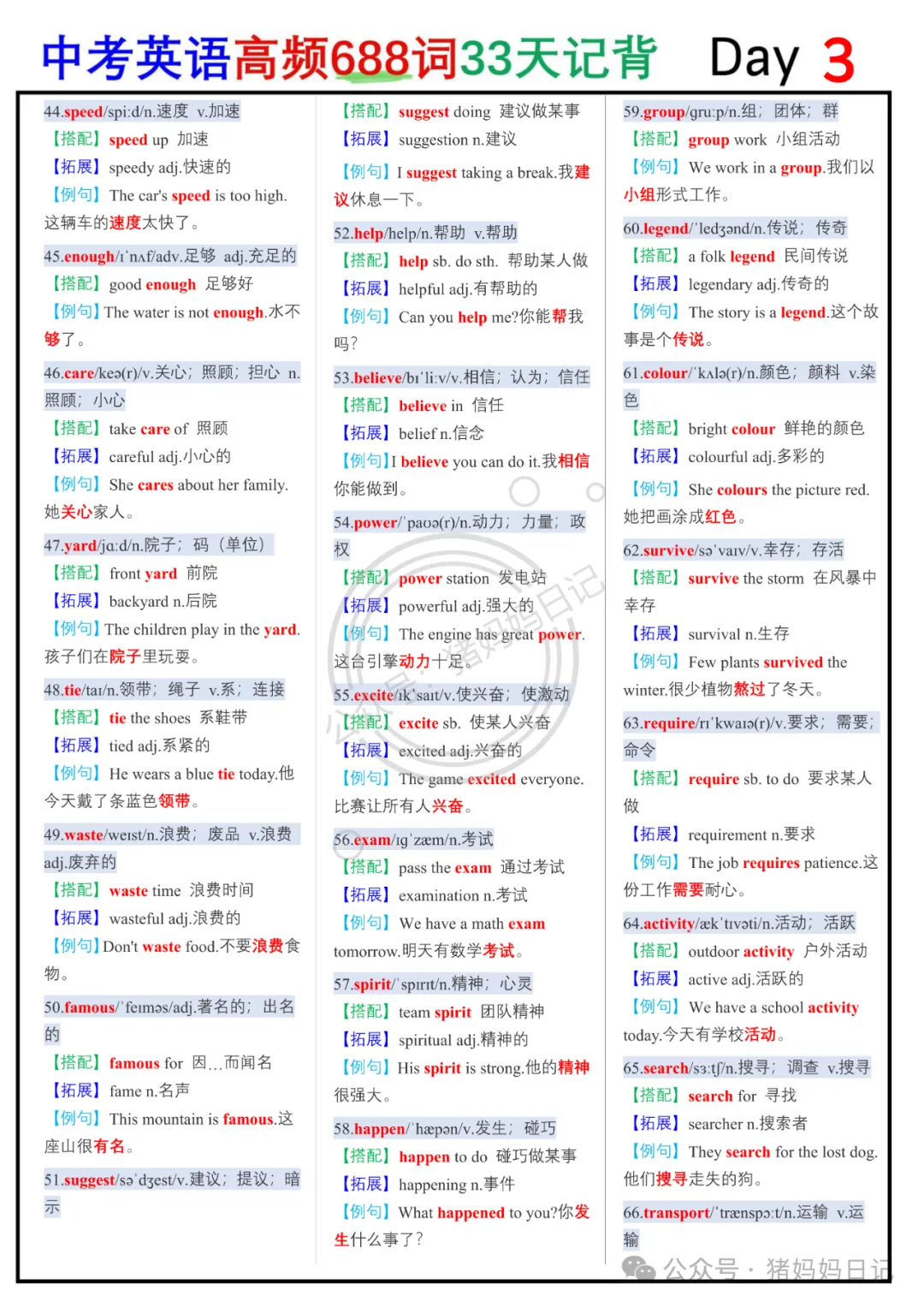 中考英语高频688词33天背记+默写+拓展+例句.-第3张图片-四季读书网 中考英语高频688词33天背记+默写+拓展+例句.-第3张图片-四季读书网