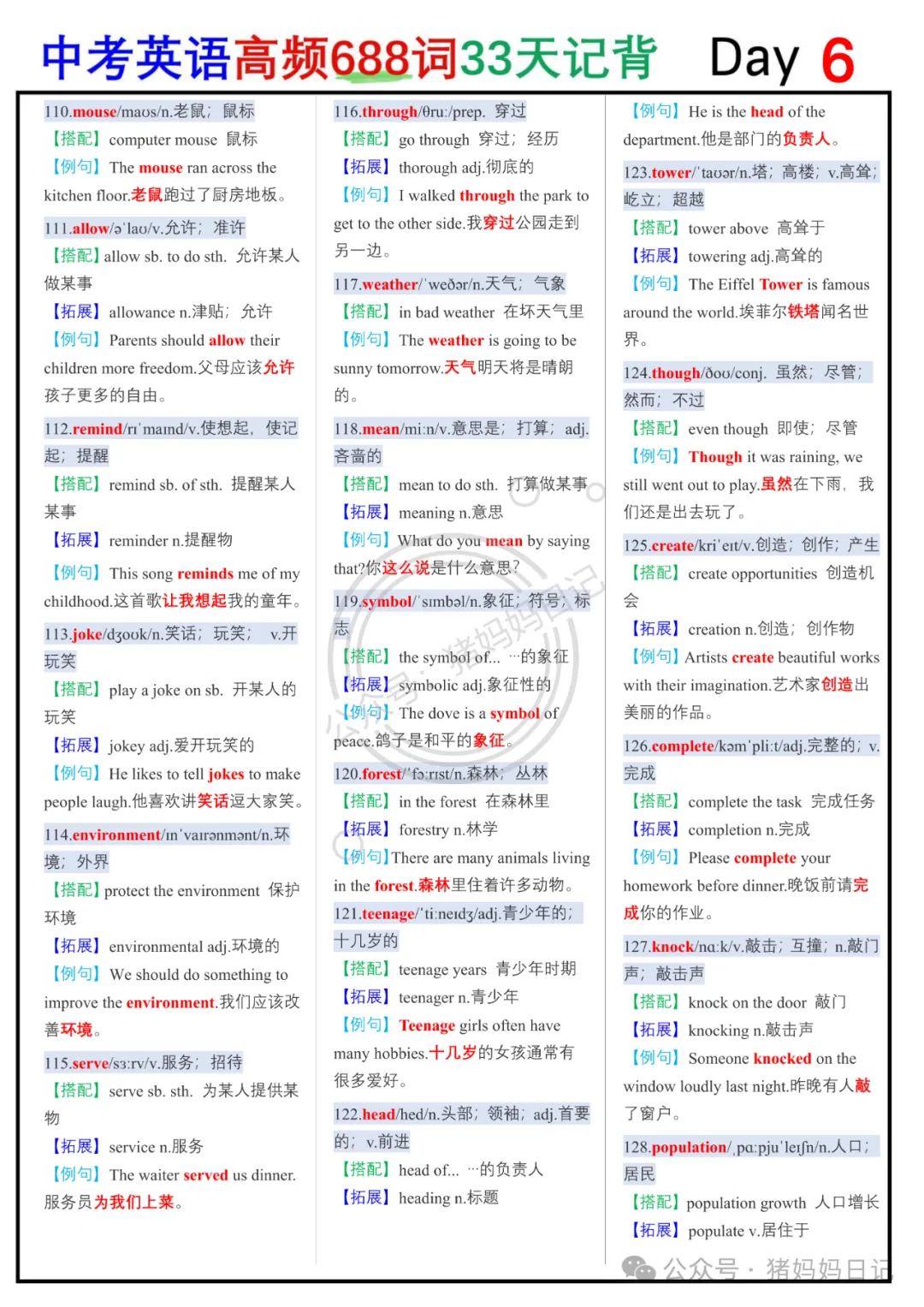 中考英语高频688词33天背记+默写+拓展+例句.-第6张图片-四季读书网 中考英语高频688词33天背记+默写+拓展+例句.-第6张图片-四季读书网