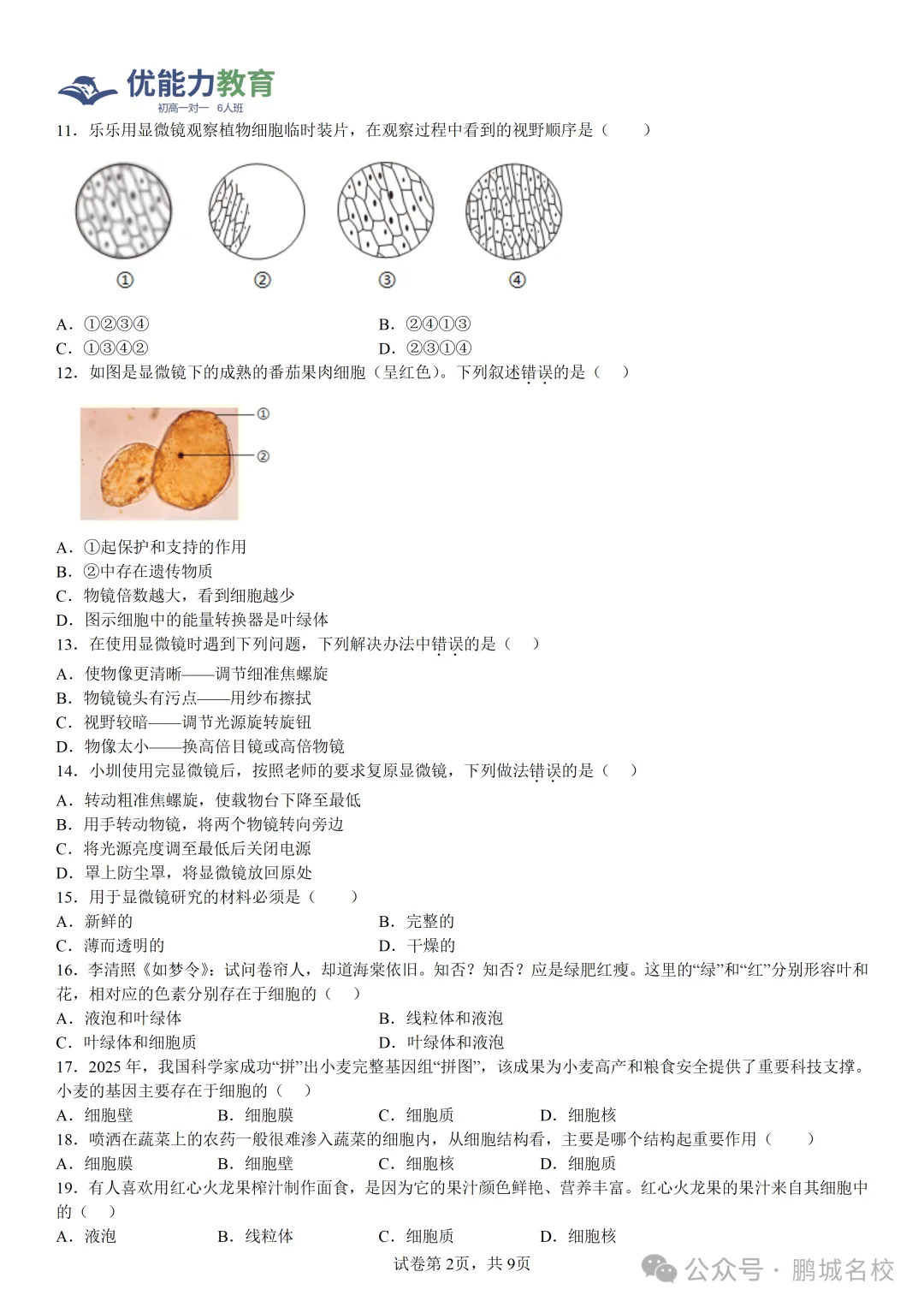 深圳实验学校中学部七年级上学期期中生物试卷和答案-第2张图片-四季读书网