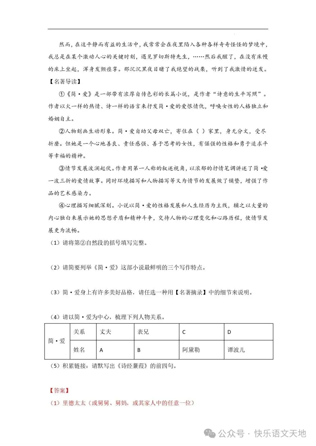 九上语文名著《简·爱 》中考真题及典题训练(解析版)-第30张图片-四季读书网 九上语文名著《简·爱 》中考真题及典题训练(解析版)-第30张图片-四季读书网