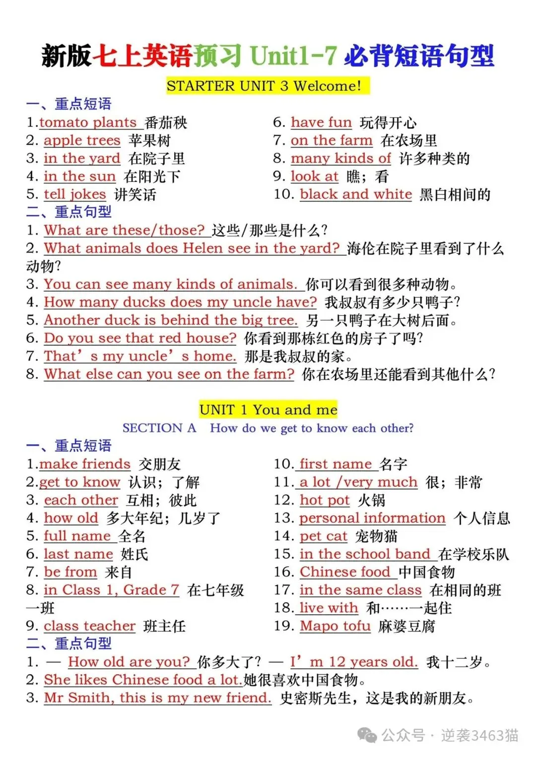 备战中考|七上英语必背短语句型汇总-第2张图片-四季读书网