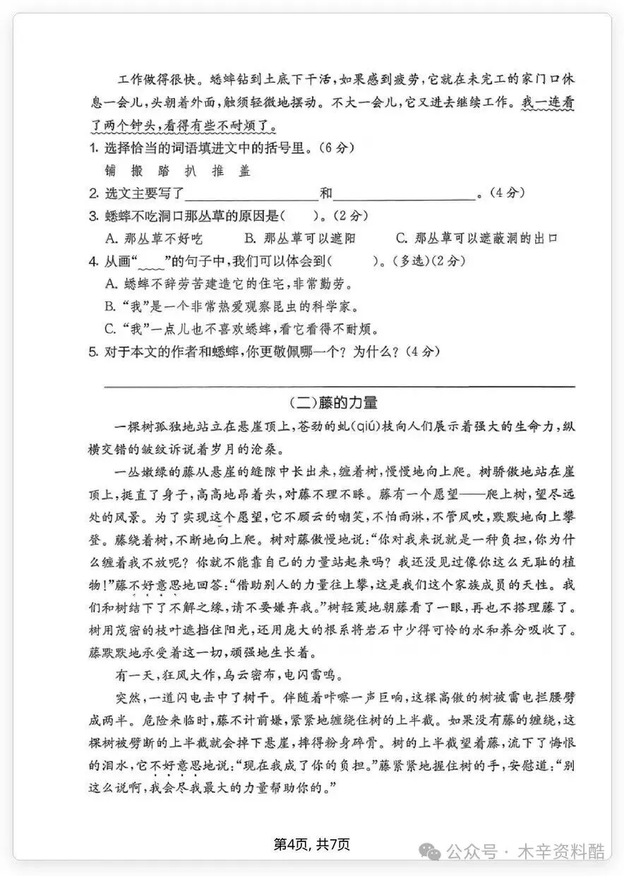 26秋四年级上册语文名校真题卷·期中测试卷(含答案),电子版可打印-第5张图片-四季读书网