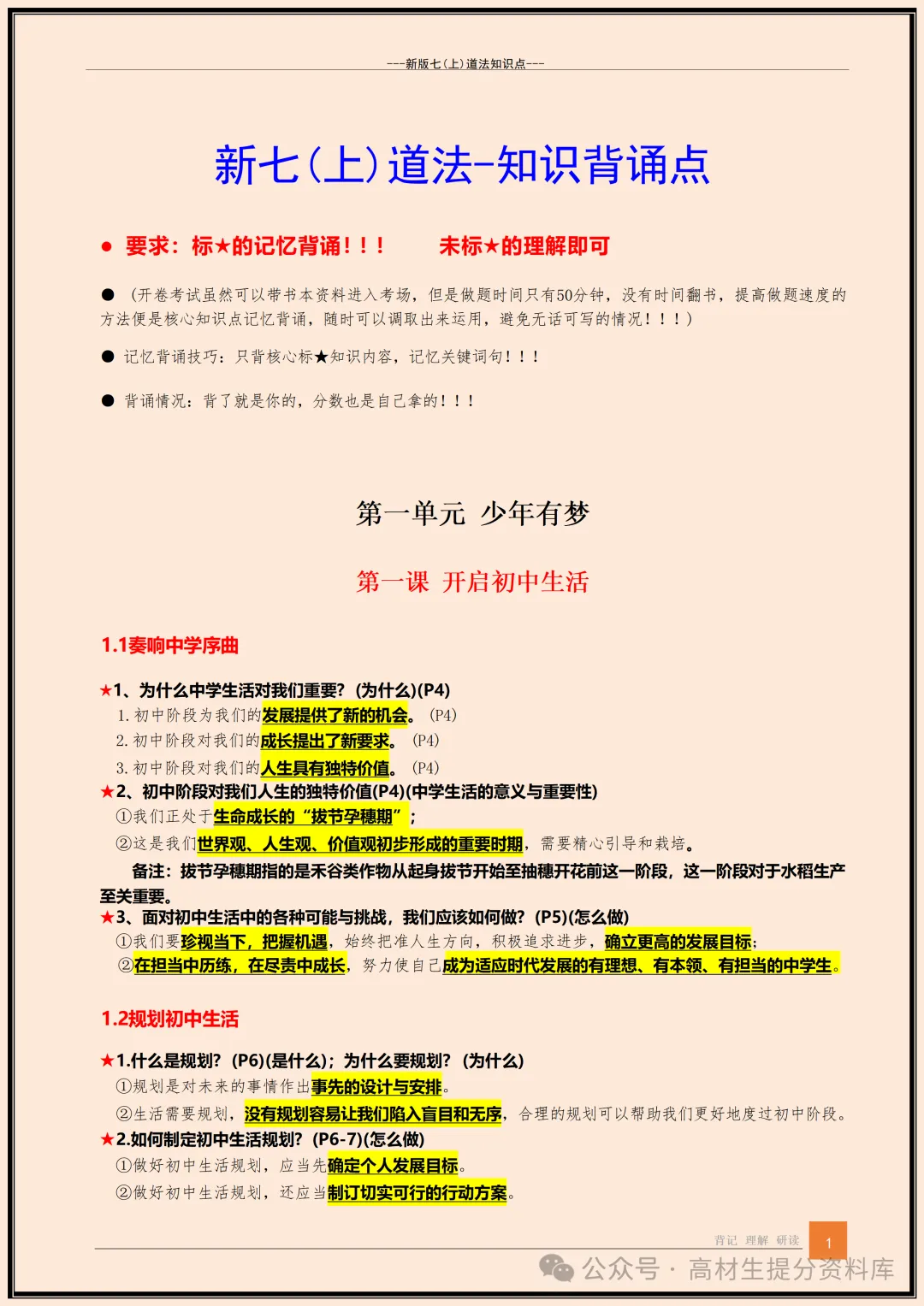 【初一】新版七年级上册道德与法治全册知识点梳理归纳总结背诵版,完整版可打印(2026)-第2张图片-四季读书网