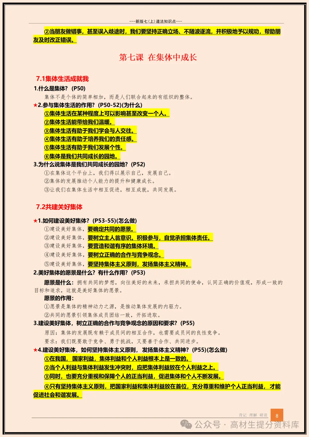 【初一】新版七年级上册道德与法治全册知识点梳理归纳总结背诵版,完整版可打印(2026)-第9张图片-四季读书网