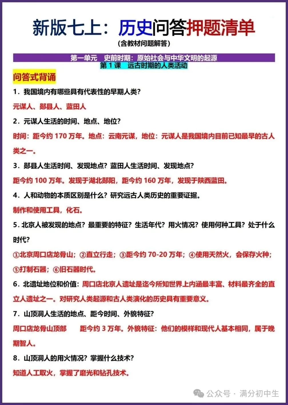 初一新版七上历史全册常考问答式提纲押题清单电子打印版!(2026 新课标)-第1张图片-四季读书网