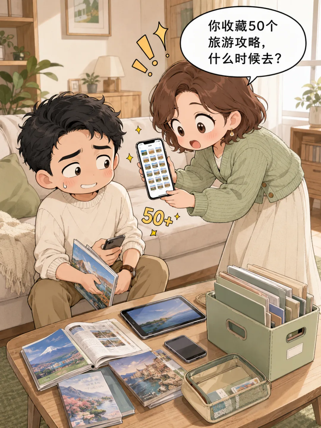 老婆:你收藏了50个旅游攻略,什么时候去?老公:慢慢计划.老婆:计划多久?老公:目前已经计划2年,还在完善细节.