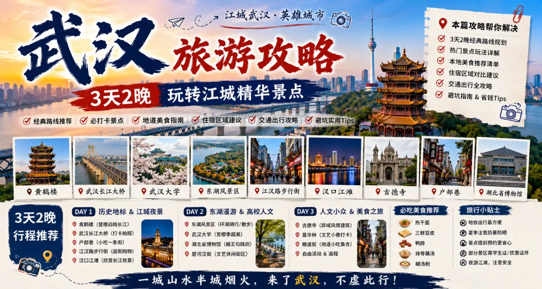 武汉旅游攻略:第一次去武汉怎么玩?3天2晚路线,黄鹤楼+东湖+长江夜景一篇玩懂