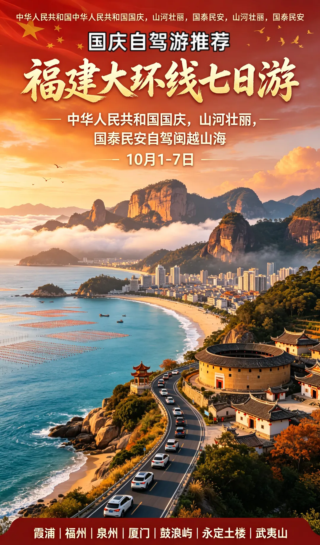 2026国庆山东出发福建7日自驾游:【福建大环线】福州-厦门鼓浪屿-泉州蟳埔村-武夷山-霞浦-永定土楼7日游