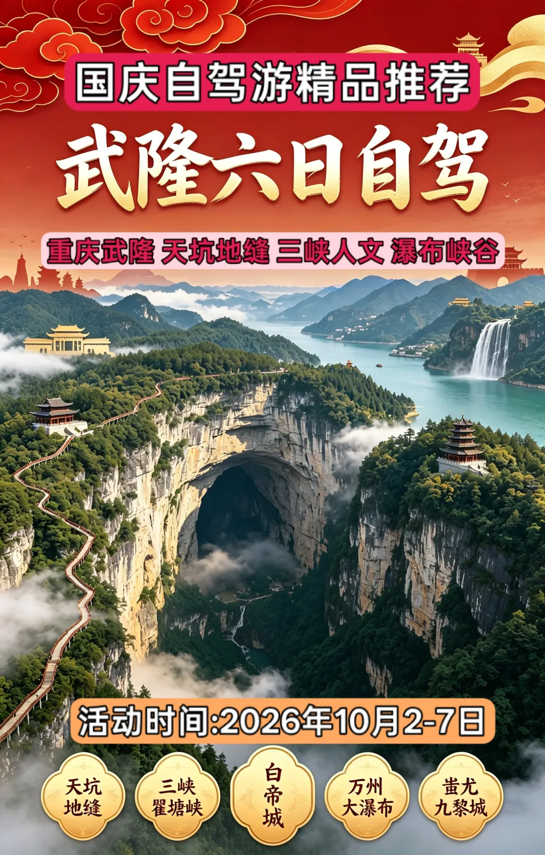 2026国庆山东出发重庆6日自驾游:【武隆印象】武隆天坑地缝-三峡瞿塘峡-白帝城-万州大瀑布-蚩尤九黎城6日游