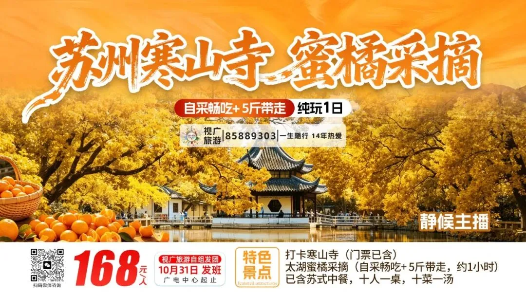 【视广旅游】10月31日视广旅游邀您寒山问钟·橘颂太湖暨 苏州寒山寺祈福 & 太湖蜜橘采摘纯玩一日 游!