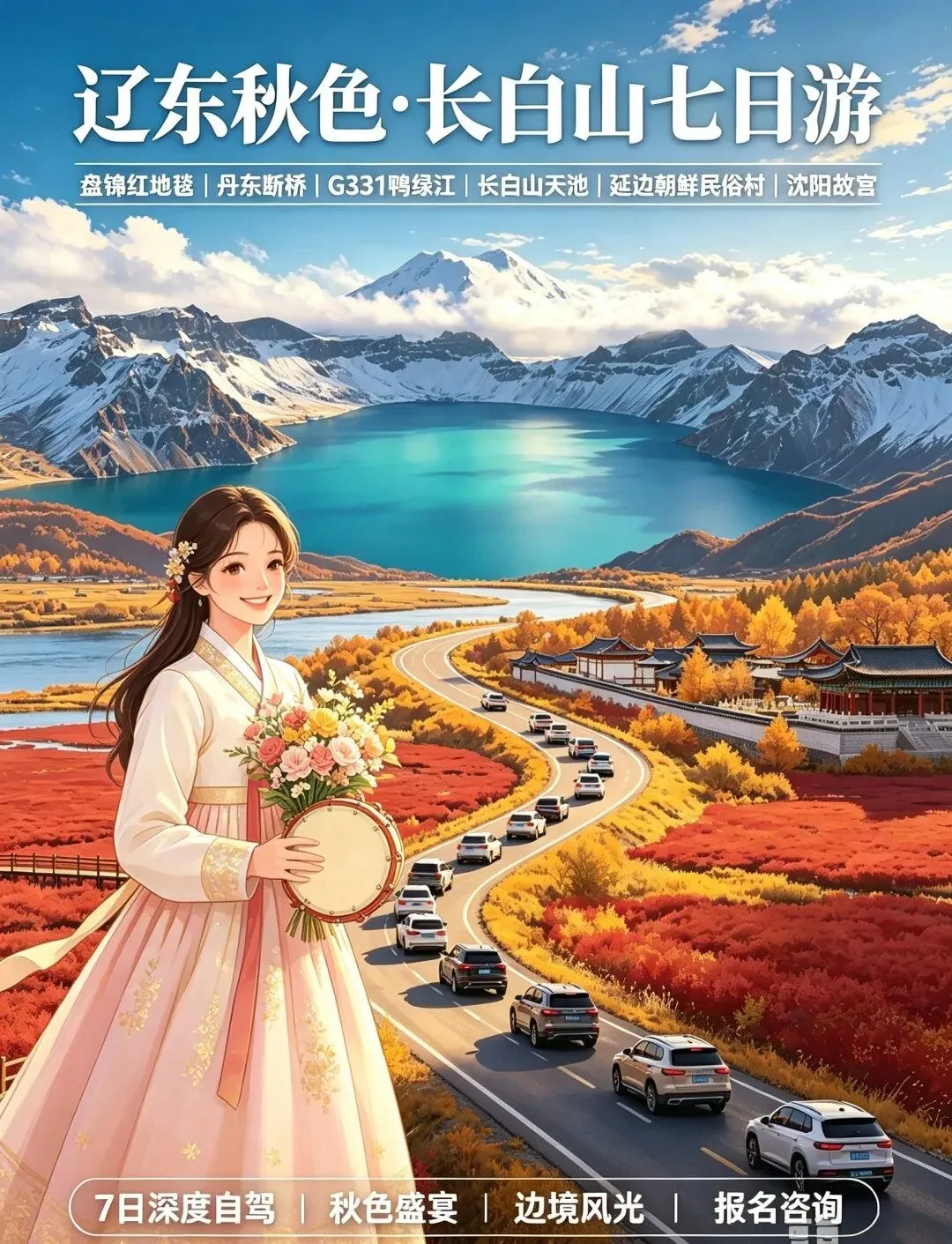 10.17山东出发辽东赏秋7日自驾游:【辽东秋色】长白山-渤海红地毯-丹东断桥-延边-沈阳7日游