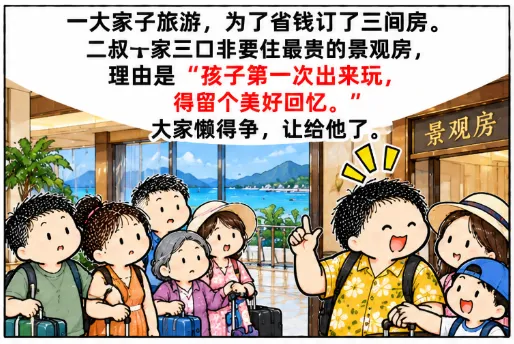 一大家子旅游,为了省钱订了三间房.二叔一家三口非要住最贵的景观房,理由是孩子第一次出来玩,得留个美好回忆.大家懒得争,让给他了.