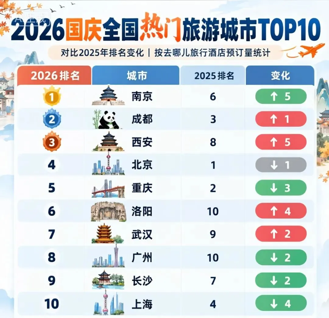国庆旅游城市排名洗牌:南京位居第一,洛阳、长沙上升,杭州、深圳意外出局