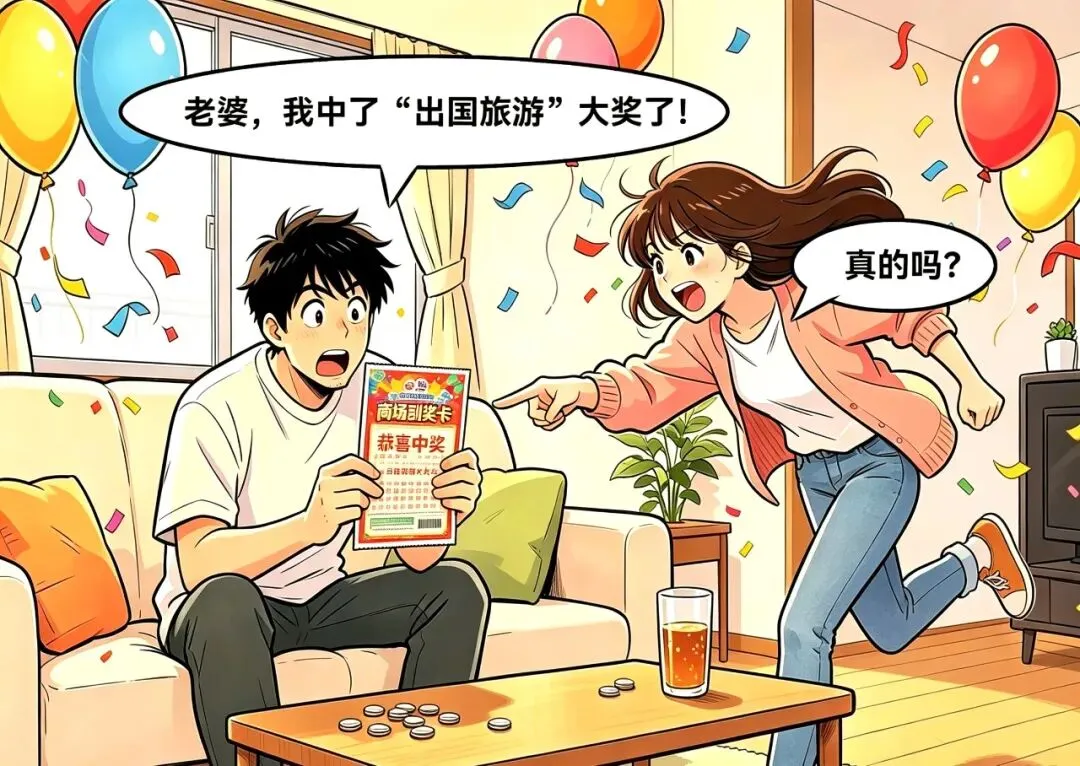 老公在商场活动中,刮出“出国旅游”大奖.老婆:去哪个国家?老公:先去韩国逛吃,再去泰国打卡!老婆:那回来还能记得我吗?