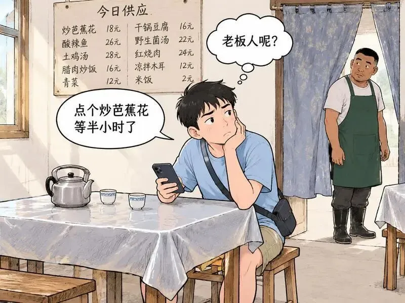 云南旅游点炒芭蕉花,半小时老板不见人,窗外他拎砍刀砍芭蕉树.他抹汗:现砍才不苦,三十一盘,不砍你这单我亏五十.