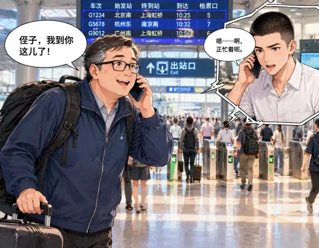 我去侄子的城市旅游,下了高铁给他打电话.我:侄子,我到你这儿了.他:嗯,啊,正忙着呢.我自己转了五天,临走前发了张车站定位.半小