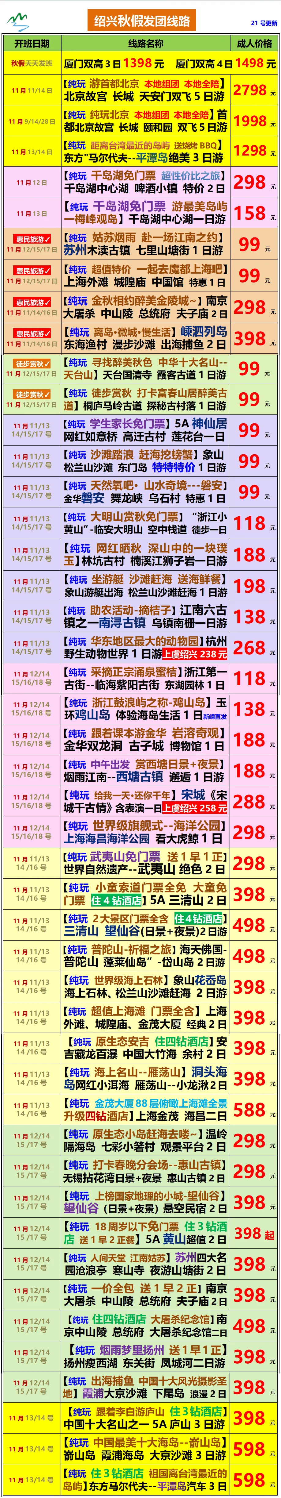 【秋假】特价旅游线路来了~ 全部都是纯玩团巨划算 小伙伴们一定要提早预订 呼朋唤友约起来~~~ 详细路线请看下图