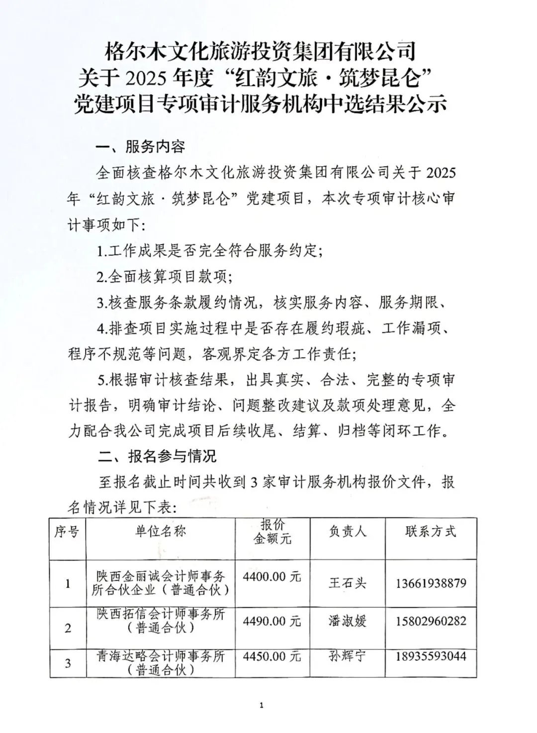 格尔木文化旅游投资集团有限公司关于2025年度“红韵文旅·筑梦昆仑”党建项目专项审计服务机构中选结果公示
