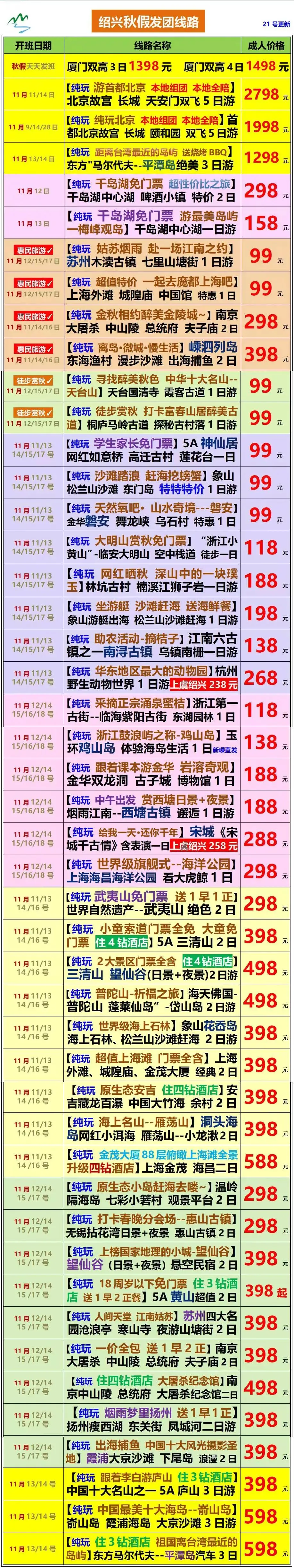 【秋假】特价旅游线路来了~ 全部都是纯玩团 巨划算 小伙伴们一定要提早预订 详细路线请看下图