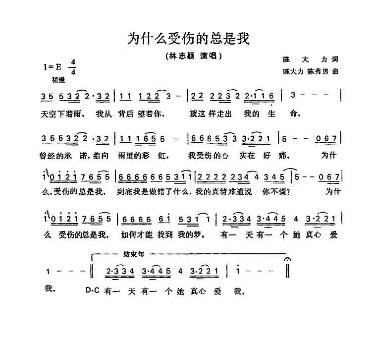 《为什么受伤的总是我》 乐谱,林志颖演唱