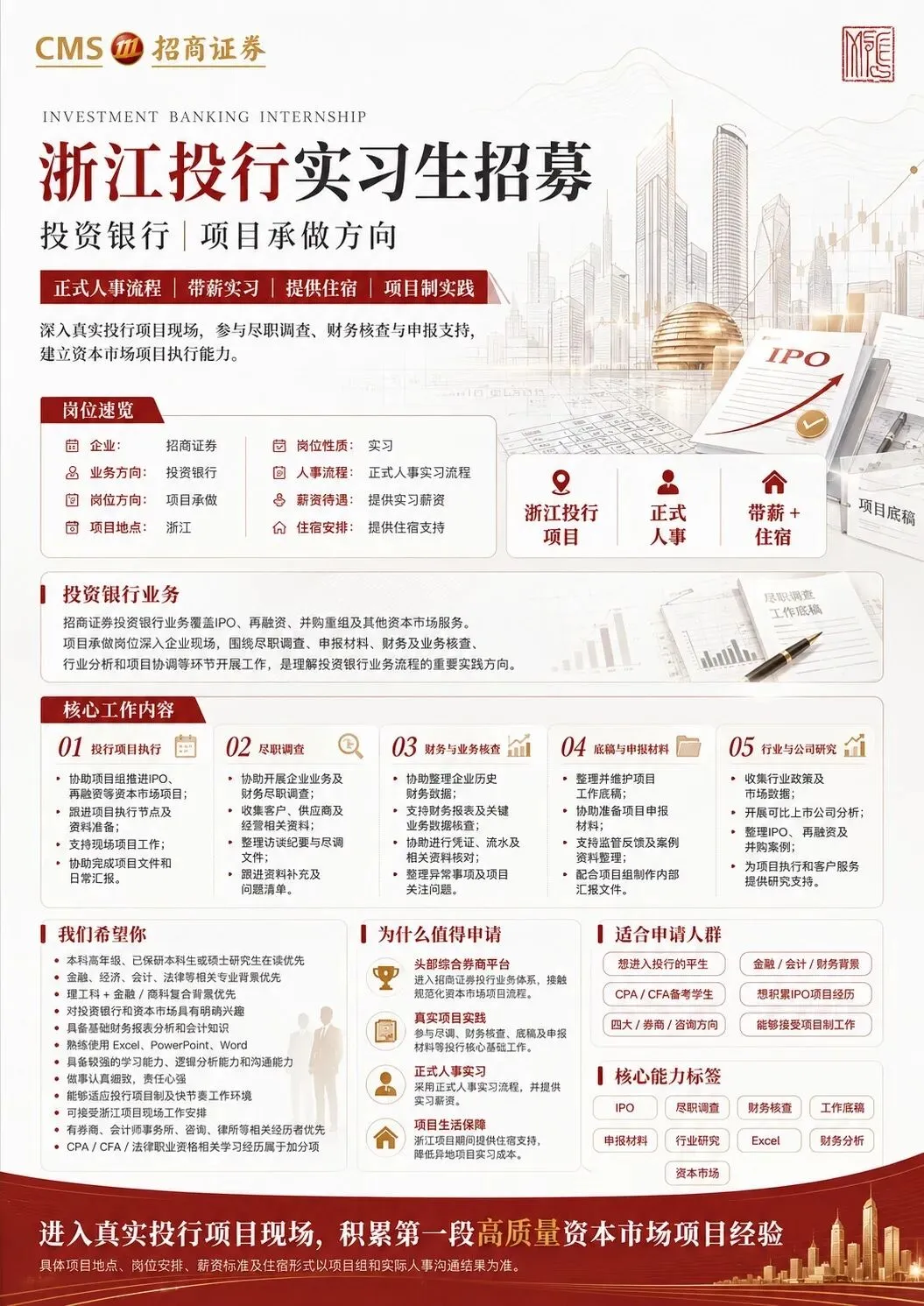 【招商证券-头部券商平台】浙江-投行实习生| 正式人事 | 带薪+ 提供住宿支持