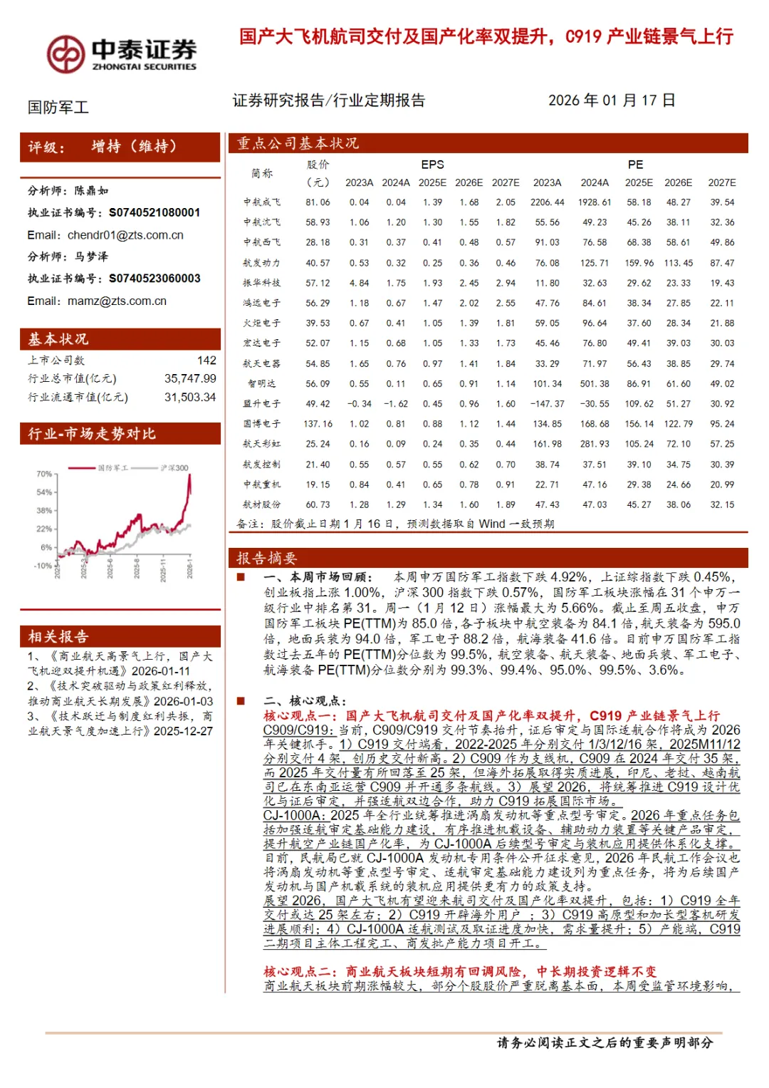 行业研究报告-《防军工行业国产大飞机航司交付及国产化率双提升C919产业链景气上行》
