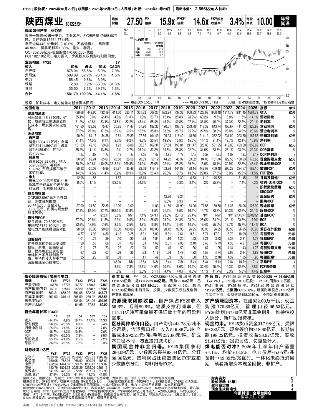 今天发布的OnePage研究报告:陕西煤业