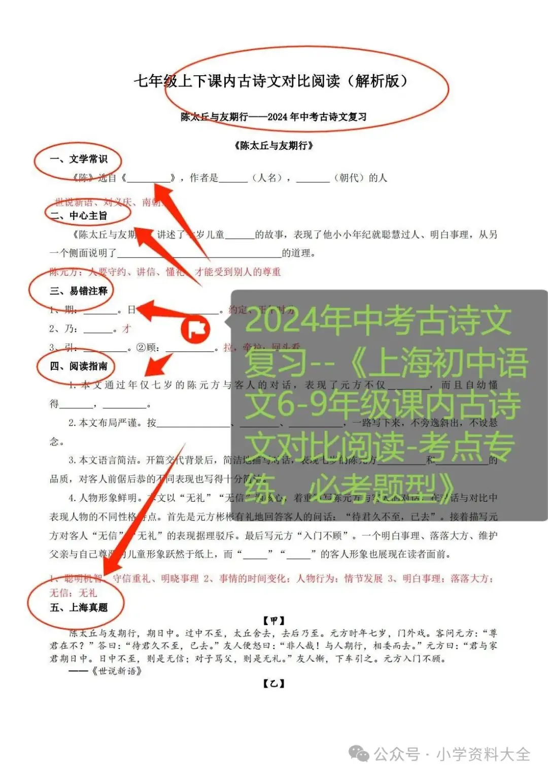 2024年中考古诗文复习-‎-⁢〈上海初中语文6-⁦9年级课内古诗文对比阅读-‪考点专练,⁥必考题型〉-第5张图片-四季读书网