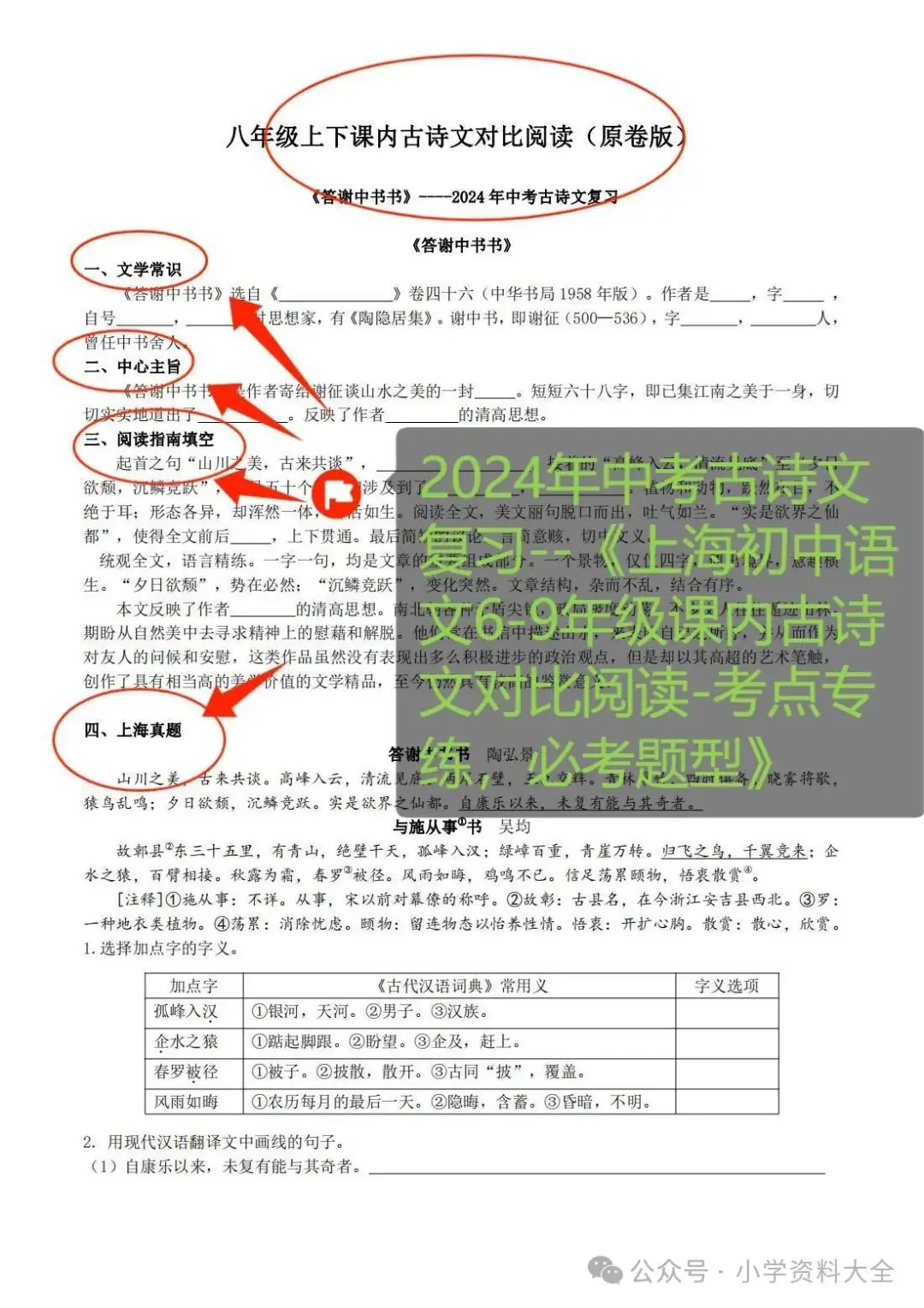 2024年中考古诗文复习-‎-⁢〈上海初中语文6-⁦9年级课内古诗文对比阅读-‪考点专练,⁥必考题型〉-第6张图片-四季读书网