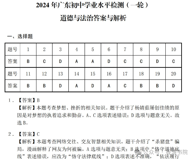 中考道德与法治 | 2024初中学业水平模拟试题含答案,2套 第12张
