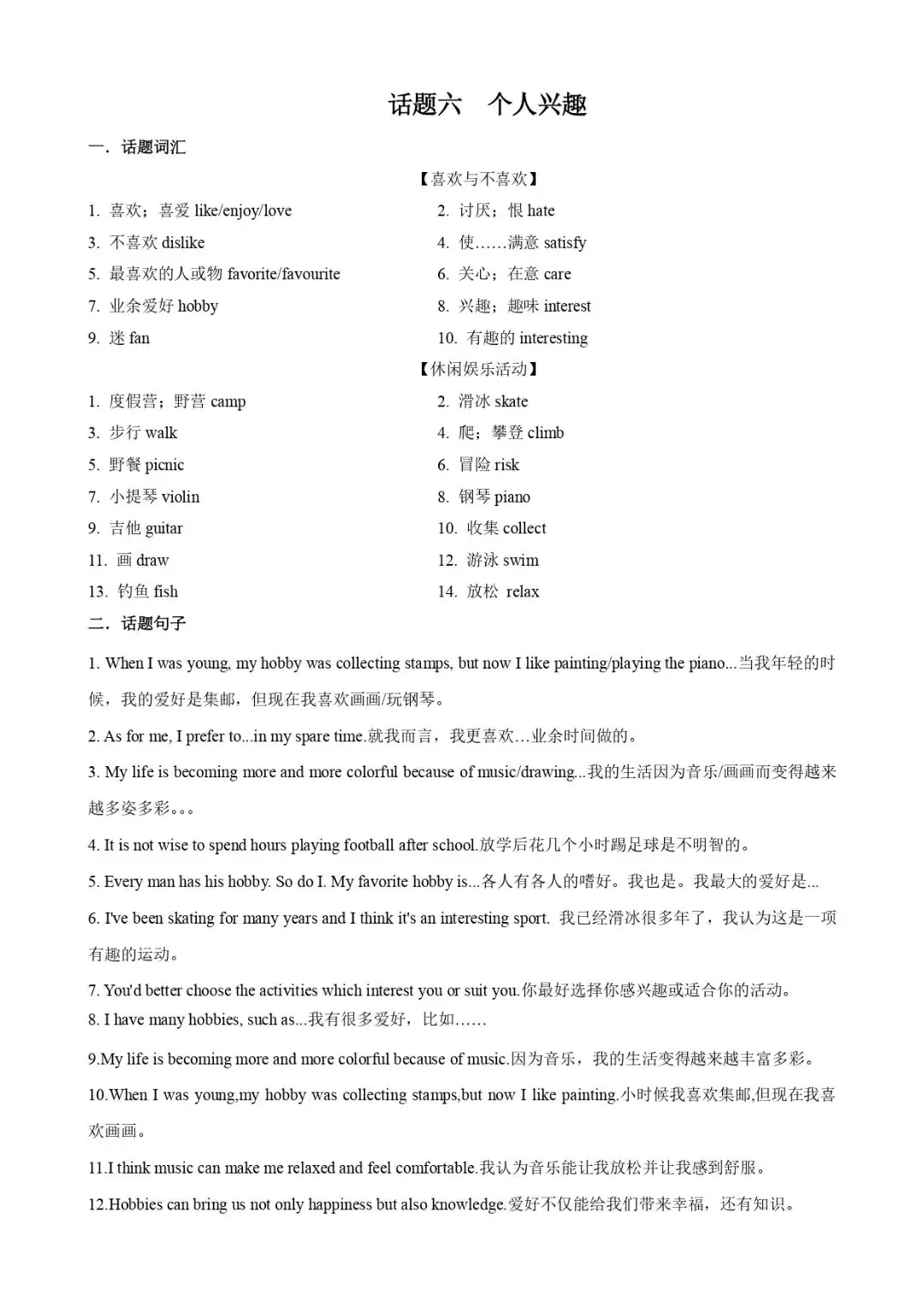 【中考备考】中考话题写作词汇+句式+范文6:个人兴趣-第1张图片-四季读书网