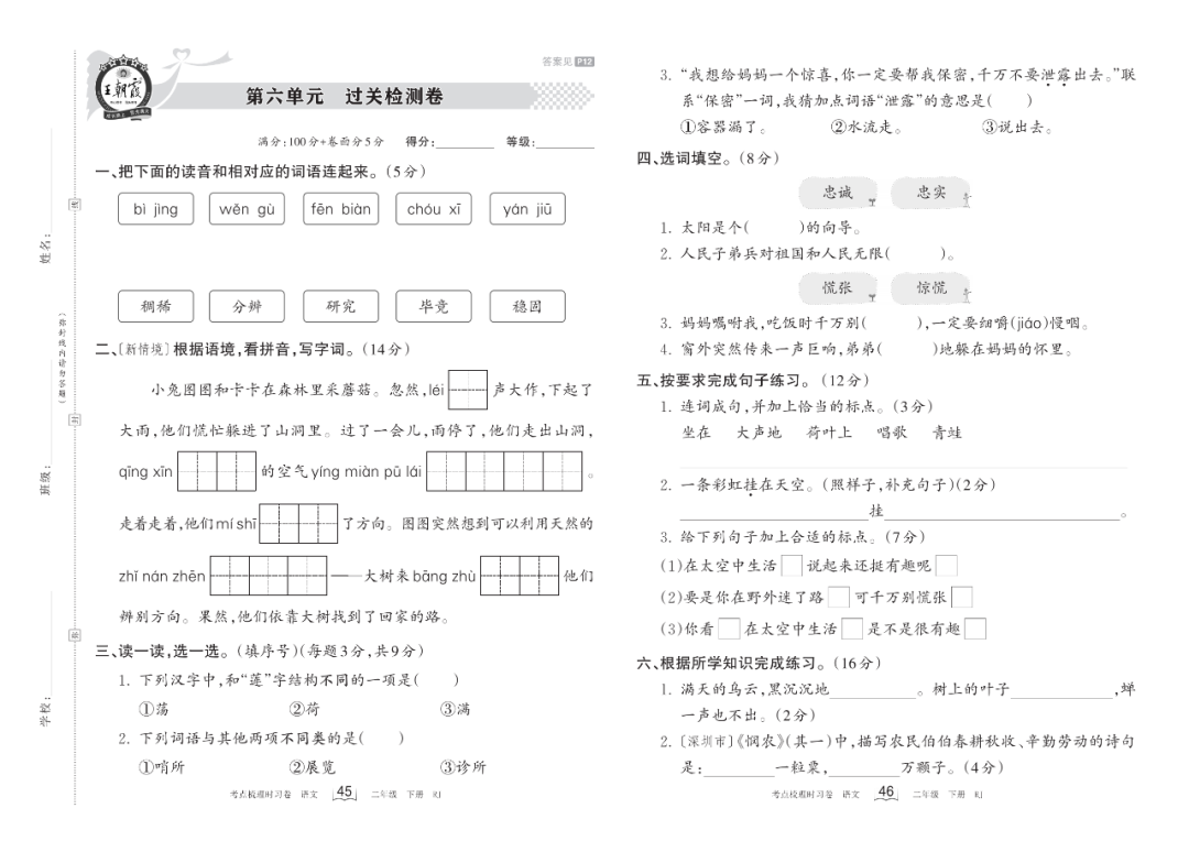 小学语文《过关检测卷》二年级下册(单元+期中+期末,可下载打印) 第13张 小学语文《过关检测卷》二年级下册(单元+期中+期末,可下载打印) 第13张