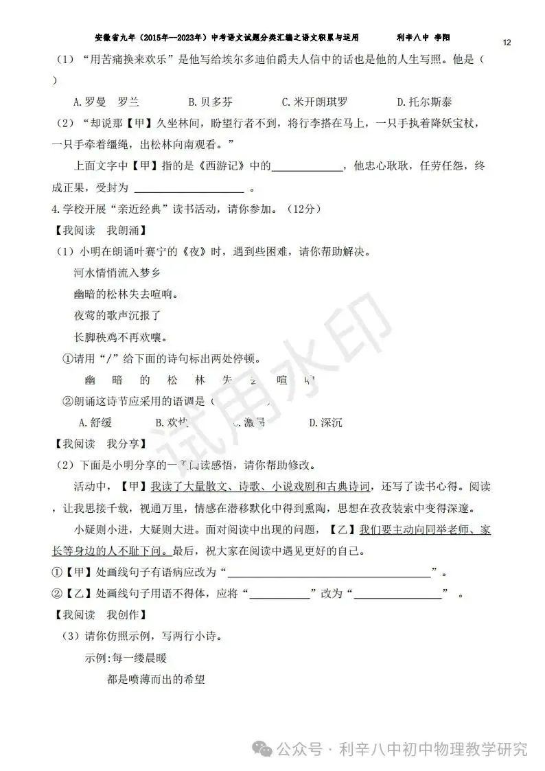 安徽省中考近9年语文分类汇编之积累与运用、阅读、写作 第13张