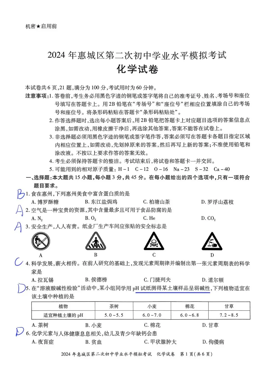 2024惠州市惠城区中考二模化学试卷+答案-第1张图片-四季读书网