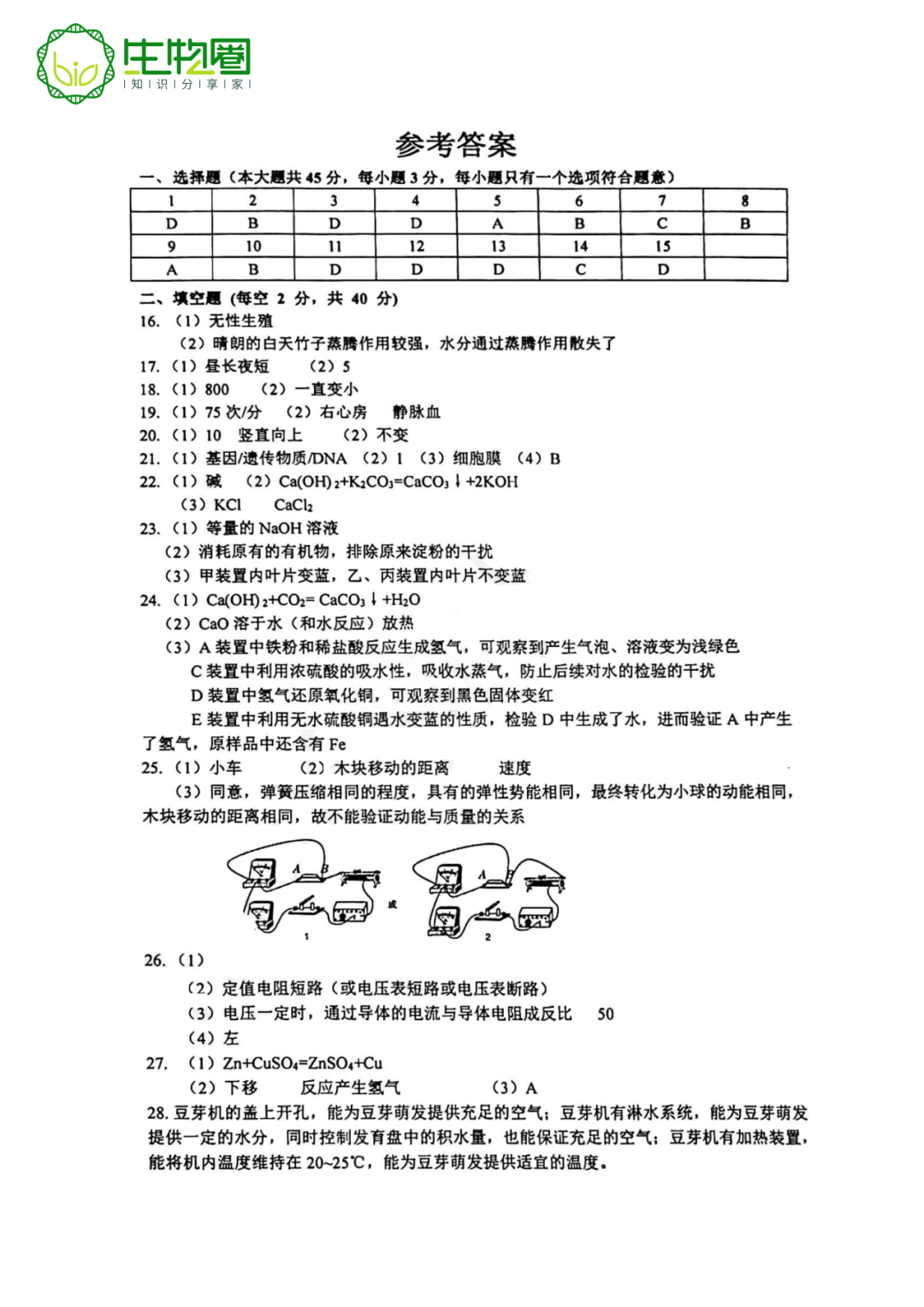 杭州中考二模 | 滨江区科学试题及答案 第9张 杭州中考二模 | 滨江区科学试题及答案 第9张