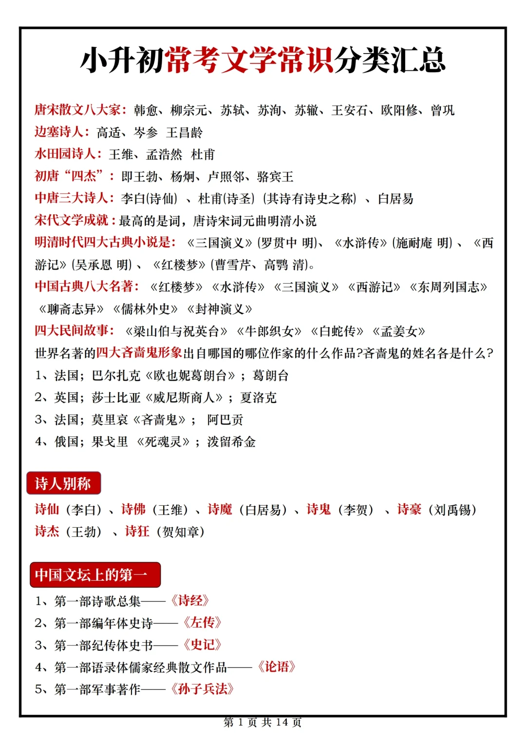 小升初下册语文文学常识汇总，总复习必备 第2张