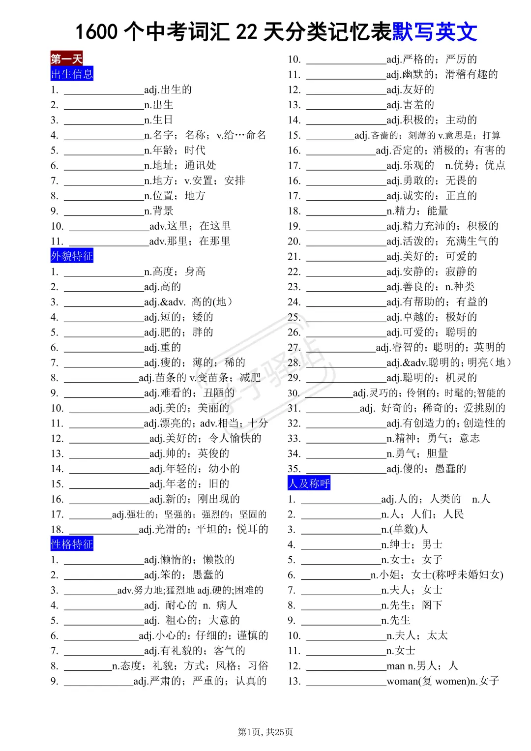 中考英语课标1600个单词分类记忆,22天搞定 第8张 中考英语课标1600个单词分类记忆,22天搞定 第8张