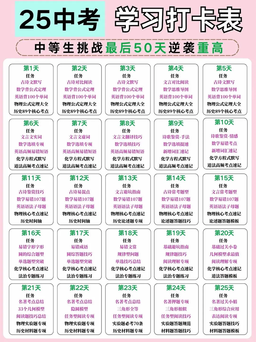 初三最后50天,中等生逆袭重高复习打卡表❗-第4张图片-四季读书网 初三最后50天,中等生逆袭重高复习打卡表❗-第4张图片-四季读书网